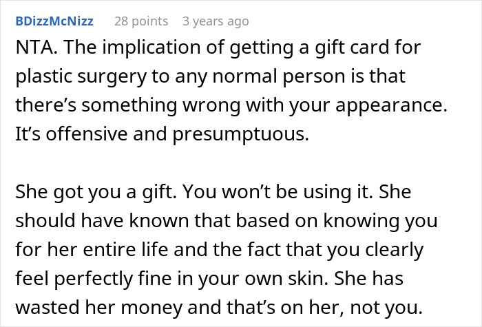 Text post discussing refusal to use a plastic-surgery gift card from a looks-obsessed sister.