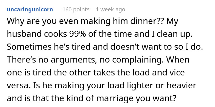 Comment highlighting frustration about a guy leaving domestic chores to his wife and expecting dinner served, reflecting on shared household responsibilities.