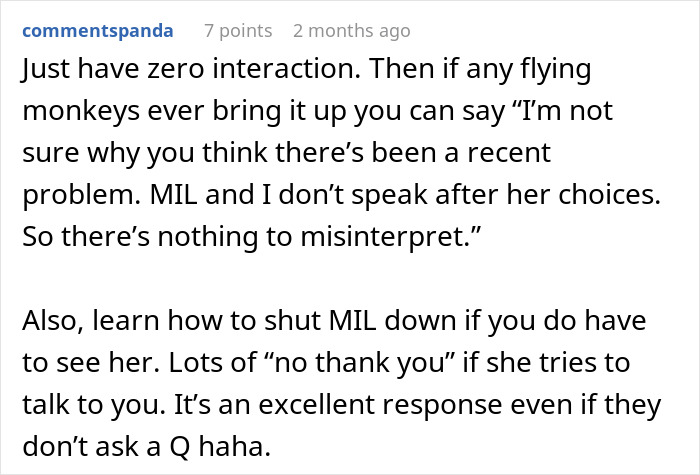 Comment advising zero interaction with MIL who plays the victim while family cuts contact with gay couple.