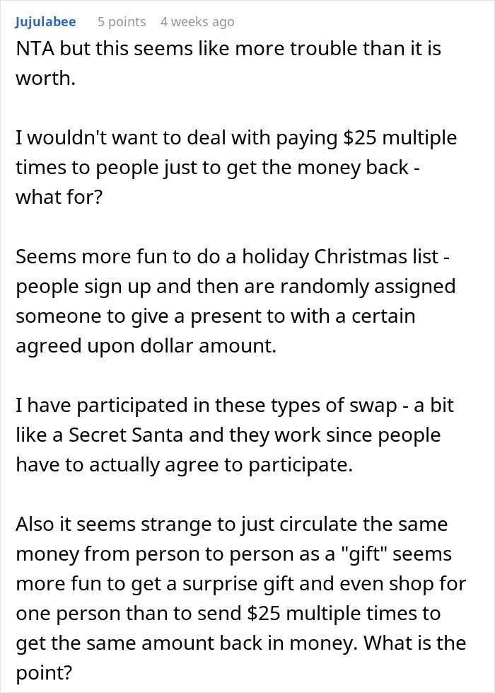 Comment discussing birthday money and family chat about gift swaps and holiday gift ideas among participants.