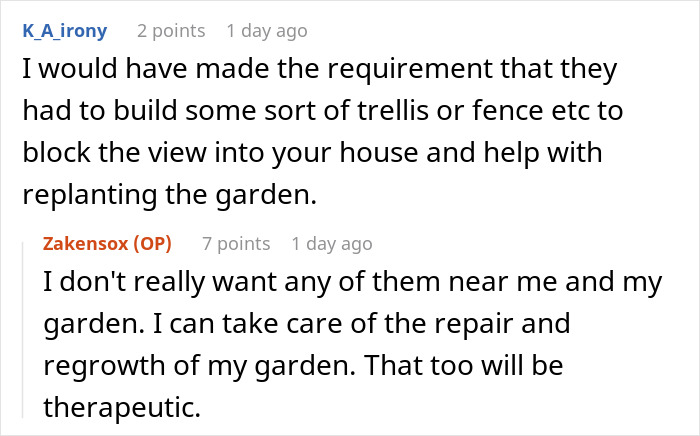 Screenshot of a woman&rsquo;s unexpectedly savage revenge on petty neighbor shared in an online discussion forum.