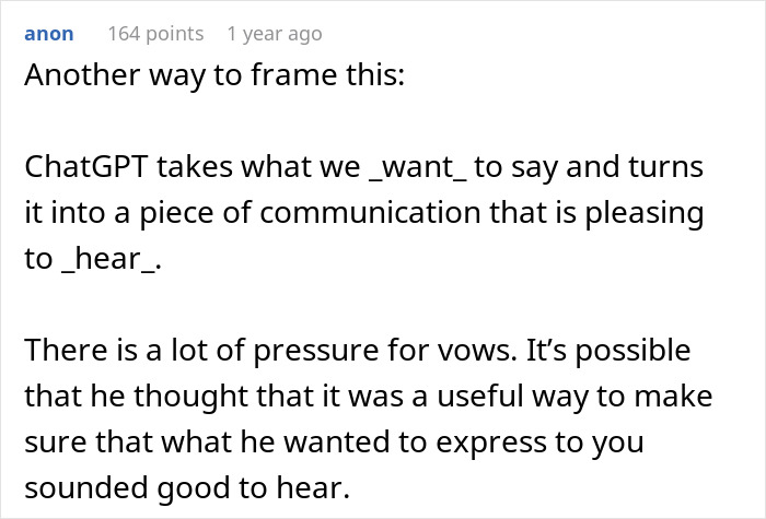 Text excerpt discussing groom’s vows creating emotional impact while revealing how vows were written using ChatGPT. Text excerpt discussing groom’s vows creating emotional impact while revealing how vows were written using ChatGPT.