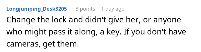 Text comment about changing locks and installing cameras, related to babysitting and getting a reality check with a $312 bill. Text comment about changing locks and installing cameras, related to babysitting and getting a reality check with a $312 bill.