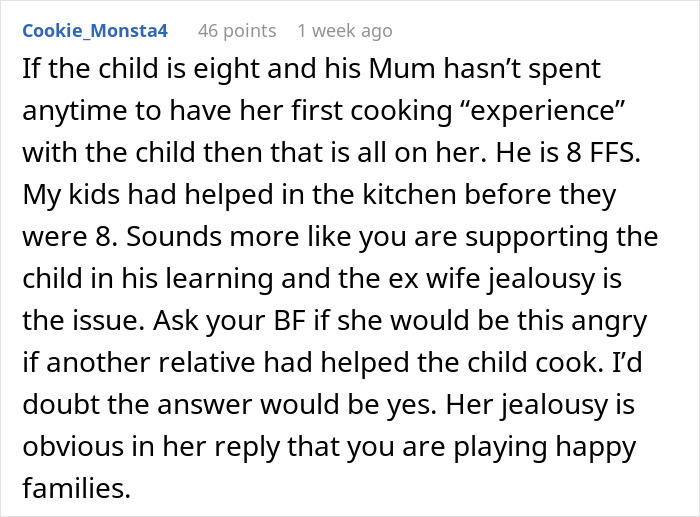 Screenshot of an online comment discussing a man upset after his ex reacted negatively to his girlfriend bonding with their son.