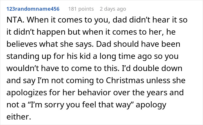 Reddit comment discussing a family conflict involving a stepdaughter’s sexuality and holiday tensions. Reddit comment discussing a family conflict involving a stepdaughter’s sexuality and holiday tensions.