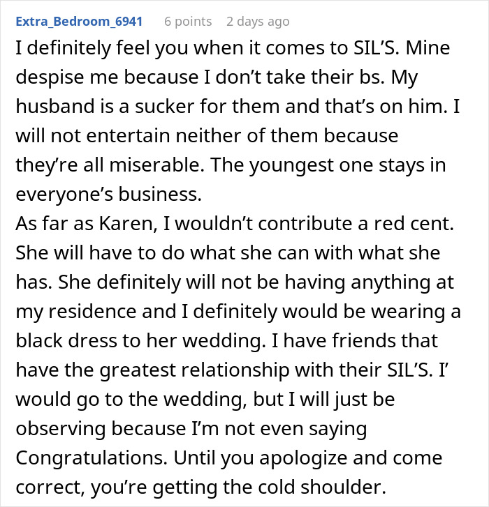 Comment text discussing family conflicts and attitudes toward in-laws in an online forum about cheap behavior and birthday gifts.