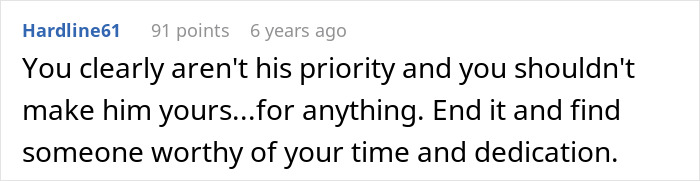 Comment by user Hardline61 advising to end a relationship with someone who doesn't prioritize you after a romantic trip with a female friend. Comment by user Hardline61 advising to end a relationship with someone who doesn't prioritize you after a romantic trip with a female friend.
