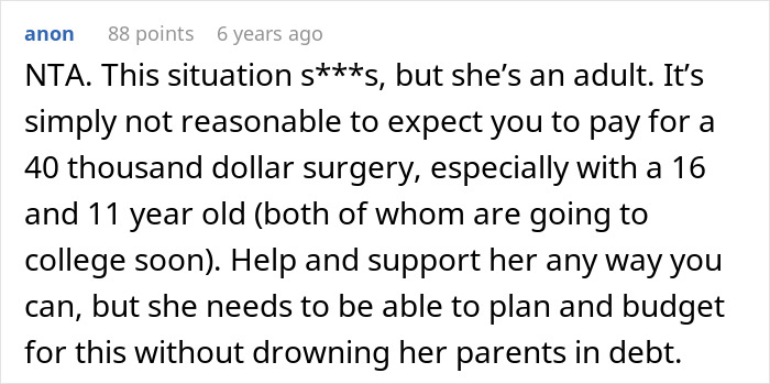 Reddit comment discussing daughter money surgeries and the challenges of paying for expensive medical procedures.