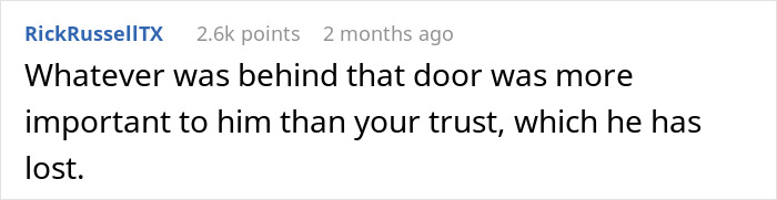 Comment on Reddit about a husband&rsquo;s locked office that makes a pregnant wife suspicious as he acts defensive.