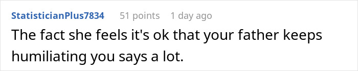 Screenshot of a Reddit comment discussing a father mocking his daughter's boyfriend because of his job. Screenshot of a Reddit comment discussing a father mocking his daughter's boyfriend because of his job.