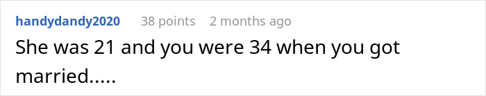 Comment text on a white background discussing ages at marriage in a relationship involving husband refusing intimacy for 5 years.