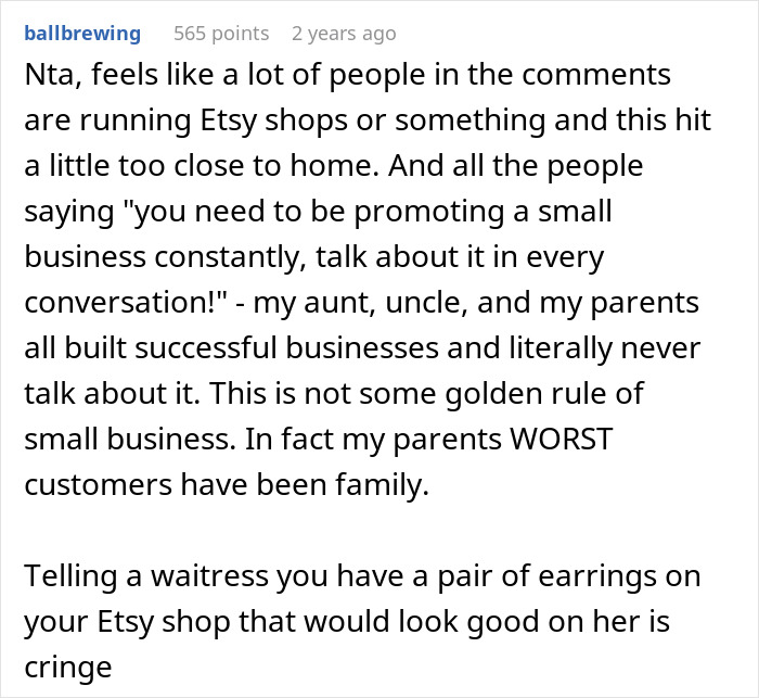 Reddit comment discussing Etsy artist's self-promotion and family upset over pushing bracelets and coupons at events. Reddit comment discussing Etsy artist's self-promotion and family upset over pushing bracelets and coupons at events.