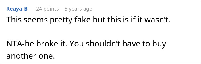 Screenshot of an online comment discussing a teen breaking a new chair and asking dad to replace it fairly.