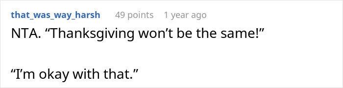 Screenshot of a Reddit comment discussing a woman asking for a break in hosting a traditional family Thanksgiving.