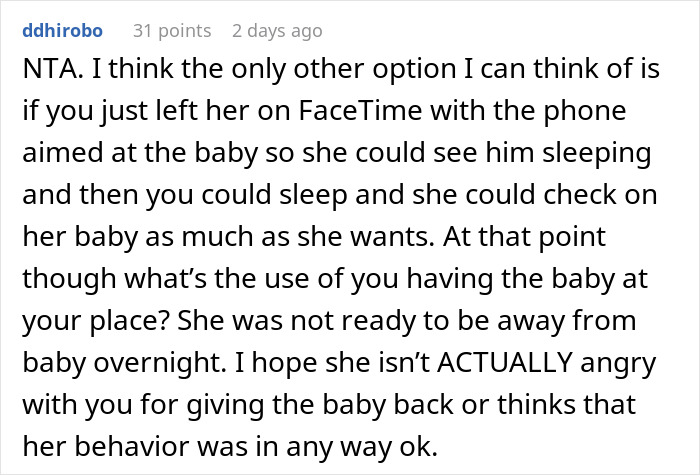 Screenshot of a Reddit comment discussing a mom&rsquo;s panic and frequent calls during an overnight babysitting by a friend.