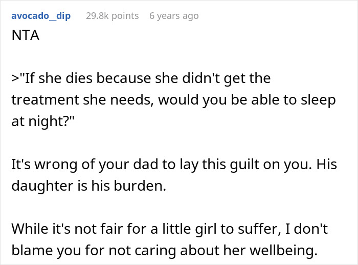 Comment discussing woman refusing to pay for dad&rsquo;s lovechild surgery using inheritance money, dad calls her heartless.
