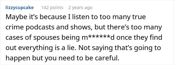 Screenshot of a Reddit comment discussing spouses discovering the truth after a man lies about his master&rsquo;s degree.