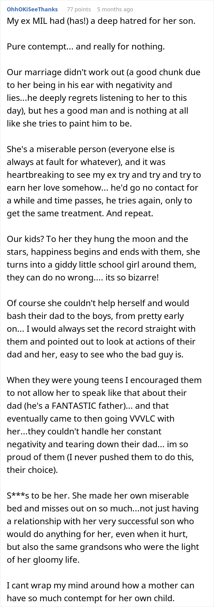 Comment discussing why a mom feels deeply uncomfortable leaving her baby alone with mom or MIL due to negativity.