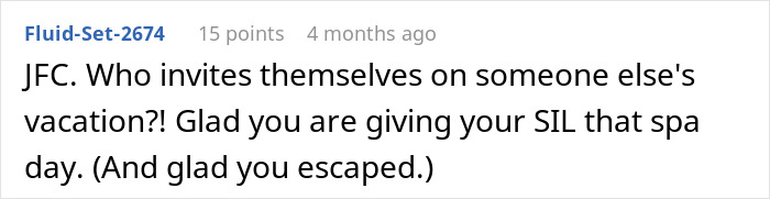 Comment on social media post discussing a MIL announcing her vacation plans and getting outplayed by the couple.