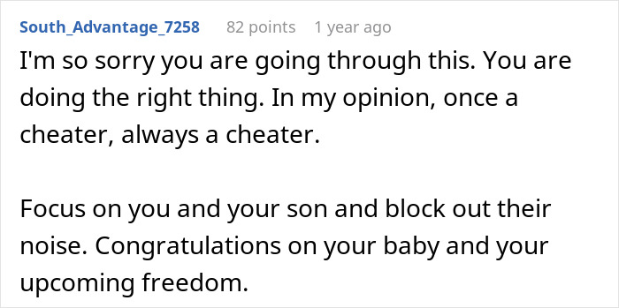 Screenshot of a Reddit comment advising to focus on self and child after man cheats during pregnancy and postpartum period.