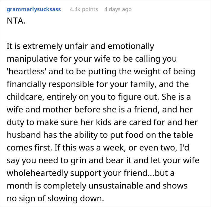 Screenshot of a Reddit comment discussing a mom prioritizing her widowed friend over her kids, causing husband’s frustration. Screenshot of a Reddit comment discussing a mom prioritizing her widowed friend over her kids, causing husband’s frustration.