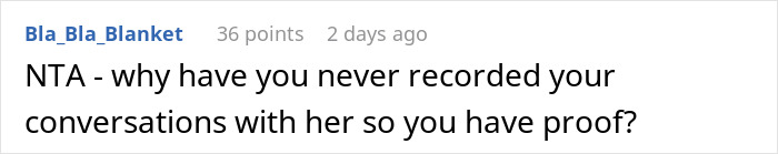 Screenshot of an online comment discussing recording conversations related to Thanksgiving conflict over stepdaughter’s sexuality. Screenshot of an online comment discussing recording conversations related to Thanksgiving conflict over stepdaughter’s sexuality.