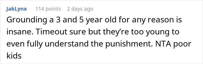 Comment discussing how grounding young kids is ineffective and mentioning the lady on a power trip causing Halloween issues.