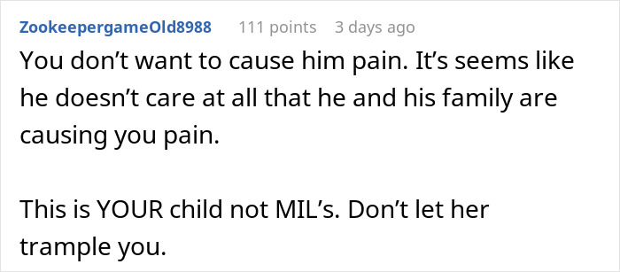 Screenshot of a forum comment about MIL demanding baby&rsquo;s name honor her culture while new mom fights for her heritage.