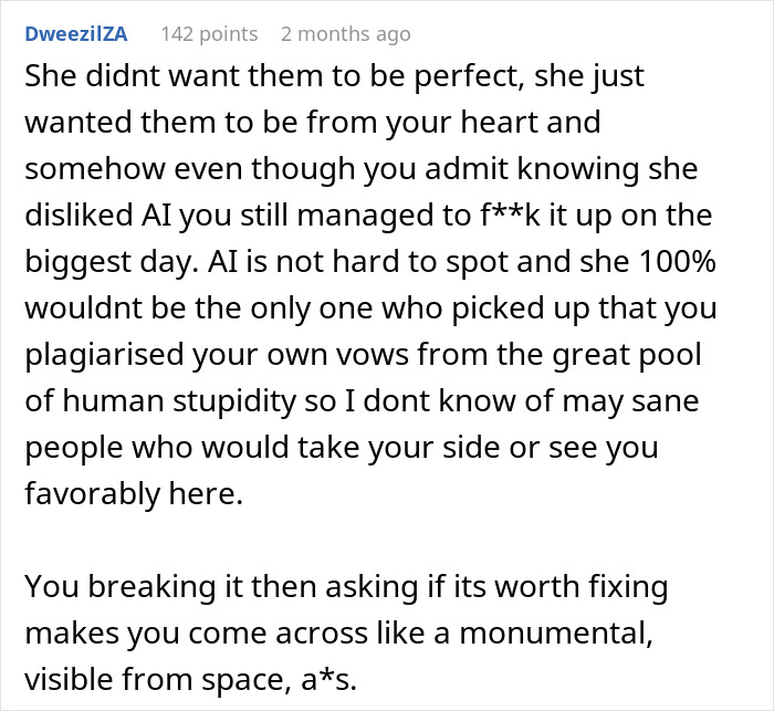 Comment criticizing use of AI for wedding vows, highlighting bride&rsquo;s disappointment and plagiarism concerns with AI-written vows.