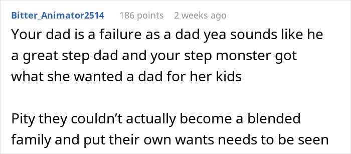 Comment text on family struggles and stepdad role, reflecting a teen giving a father a reality check on his 50th birthday.