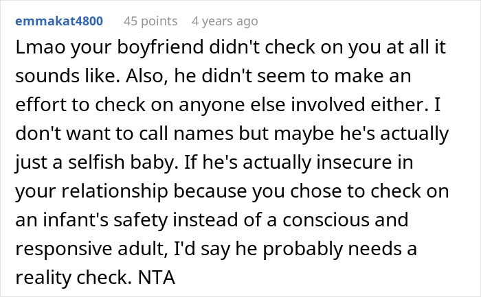 Comment discussing a guy upset his nurse girlfriend prioritized dogs and a baby during a car crash, calling him selfish.