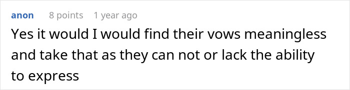 Screenshot of a comment discussing how groom’s vows made his wife cry, questioning the meaning behind the vows. Screenshot of a comment discussing how groom’s vows made his wife cry, questioning the meaning behind the vows.