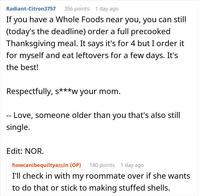 Screenshot of a Reddit thread discussing skipping Thanksgiving after receiving an unhinged mom’s text message. Screenshot of a Reddit thread discussing skipping Thanksgiving after receiving an unhinged mom’s text message.