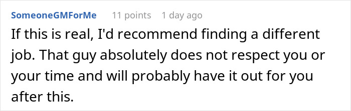 Screenshot of an online comment advising to find a different job due to a manager freaking out when employee takes time off.