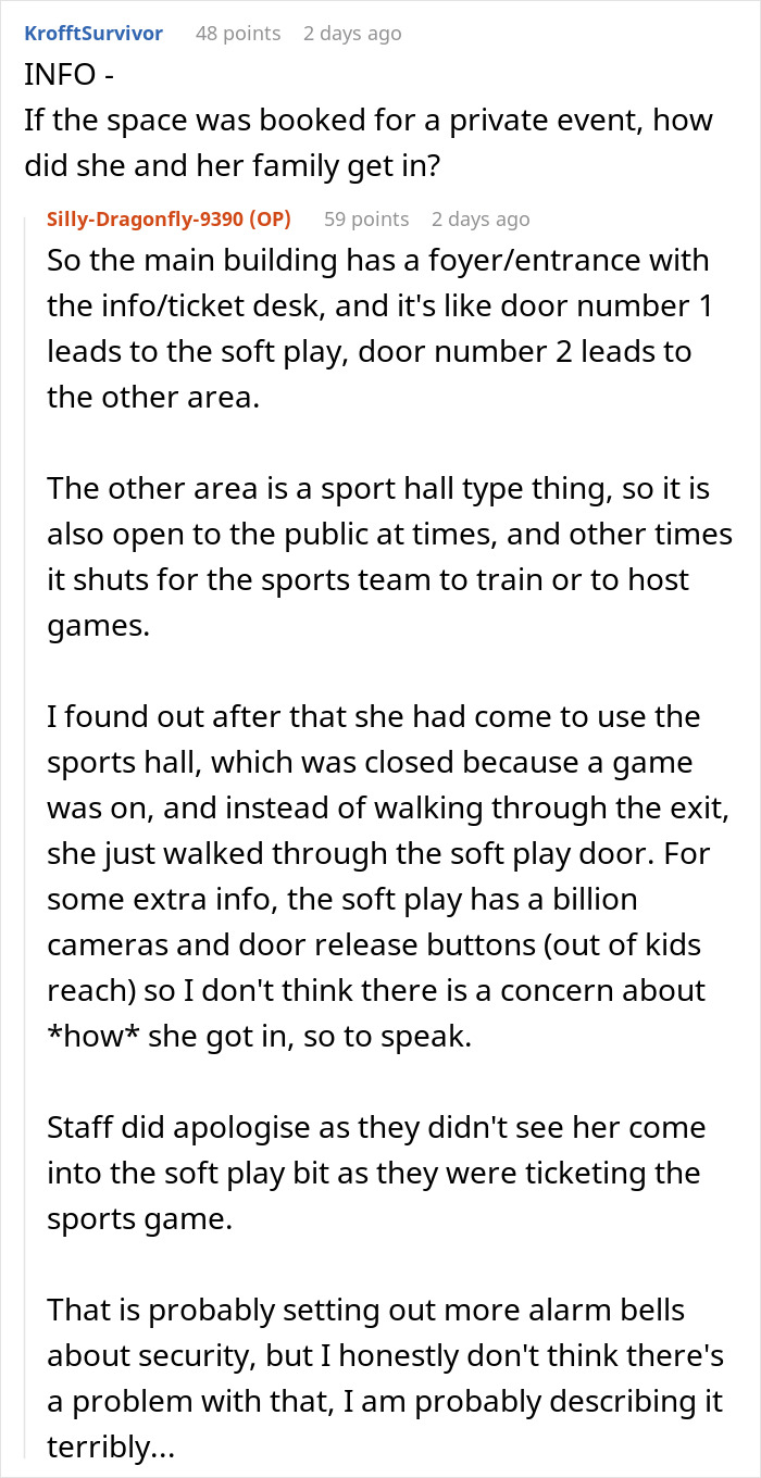 Screenshot of a Reddit discussion about an entitled mother denied entrance at a private party and related security concerns. Screenshot of a Reddit discussion about an entitled mother denied entrance at a private party and related security concerns.