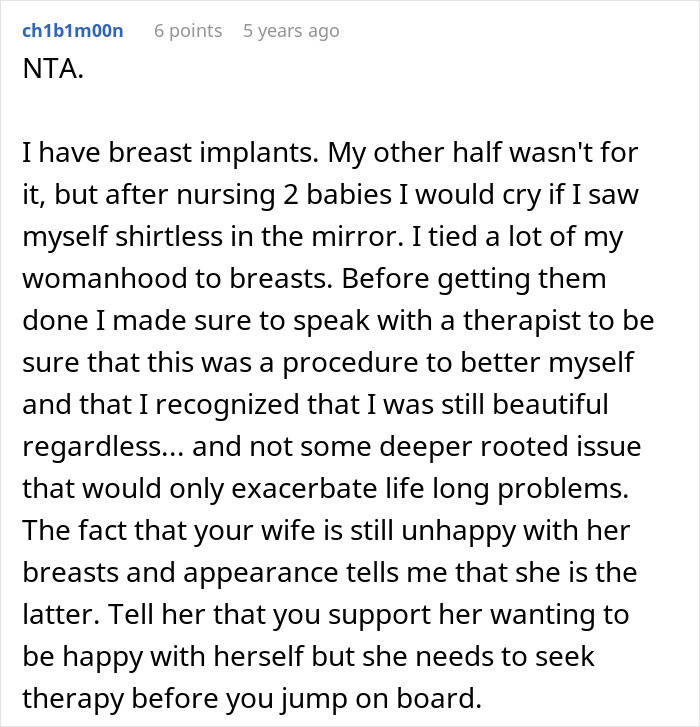 Comment about woman asking husband his feelings on plastic surgeries, including breast implants and therapy advice.