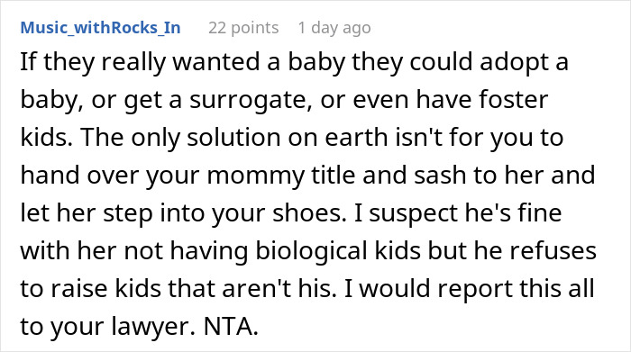 Commenter discussing options like adoption and surrogacy while addressing cheating husband and infertile mistress issues in a forum. Commenter discussing options like adoption and surrogacy while addressing cheating husband and infertile mistress issues in a forum.