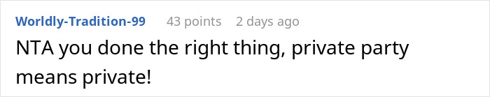 Screenshot of an online comment about an entitled mother causing a scene after being denied entrance at a private party. Screenshot of an online comment about an entitled mother causing a scene after being denied entrance at a private party.