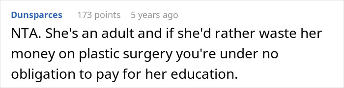 Comment text discussing an adult daughter wanting to spend grandpa's inheritance on a BBL instead of college funding.