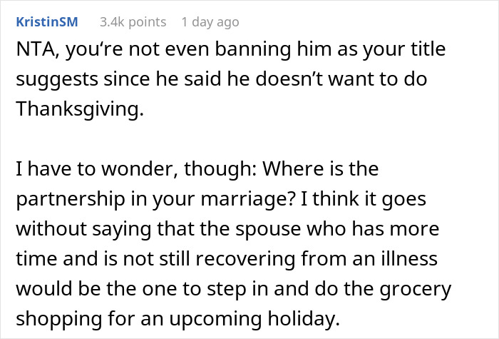 Reddit comment discussing husband unable to handle Thanksgiving shopping pressure and partnership in marriage.