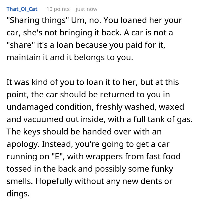 Screenshot of a forum comment discussing a lady borrowing a car for one hour, keeping it for days, and calling her sister pushy. Screenshot of a forum comment discussing a lady borrowing a car for one hour, keeping it for days, and calling her sister pushy.
