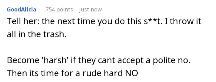 Text conversation discussing setting boundaries firmly with a focus on aunt crib storage baby items.