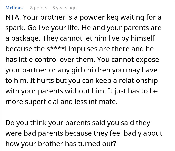 Alt text: Online comment discussing entitled parents and autistic brother's troubling behavior and family dynamics.