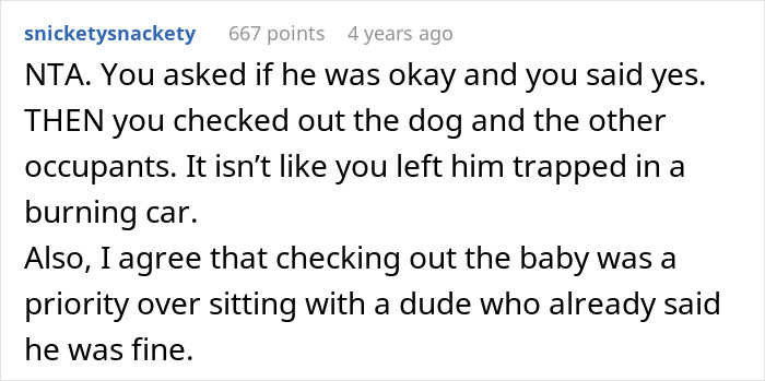 Comment highlighting a guy upset his nurse girlfriend prioritized dogs and a baby during a car crash, defending her actions.