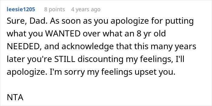 Comment expressing a daughter&rsquo;s refusal to apologize after a selfish dad ruins her Christmas memory, highlighting hurt feelings.