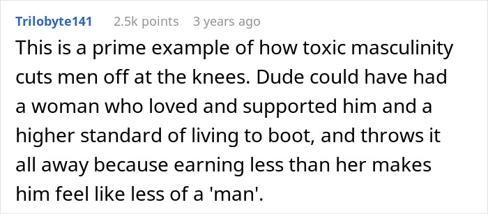 Comment describing toxic masculinity causing a woman to leave the US and start a new life in France due to relationship struggles.