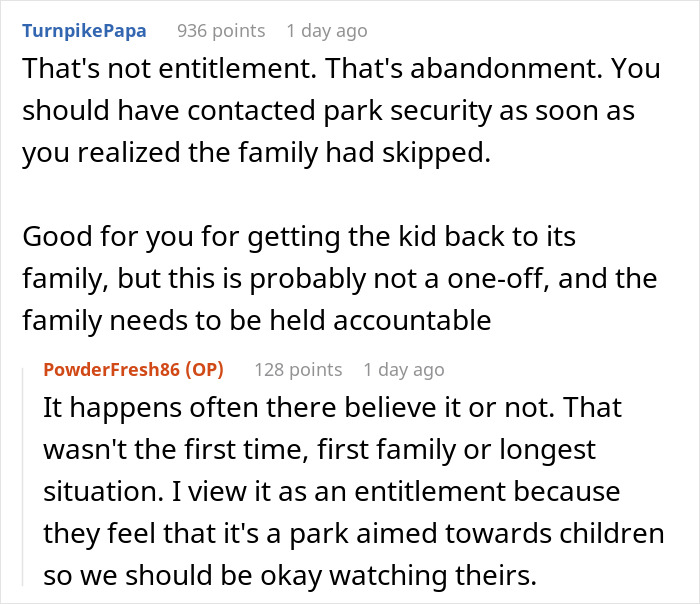 Reddit user comments discussing a theme park worker left carrying an unknown baby after parents vanished in crowd.