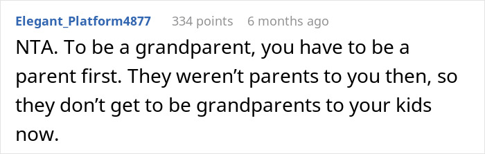 Comment text on a forum explaining estranged parents being blocked from meeting grandkids after 20 years of neglect.