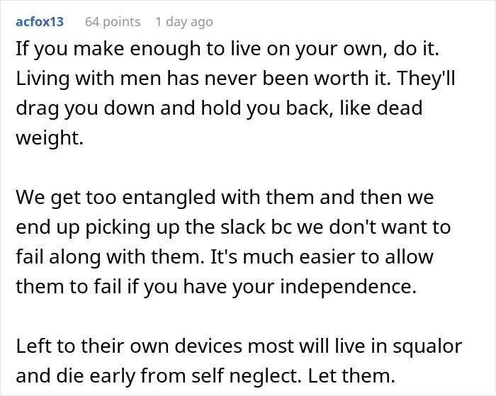 Commenter discussing the impact of stopping treating husband like a kid and dealing with resulting chaos in relationships.