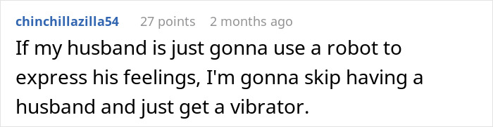 Comment from user chinchillazilla54 about husband using a robot to write wedding vows in AI wedding fail discussion.